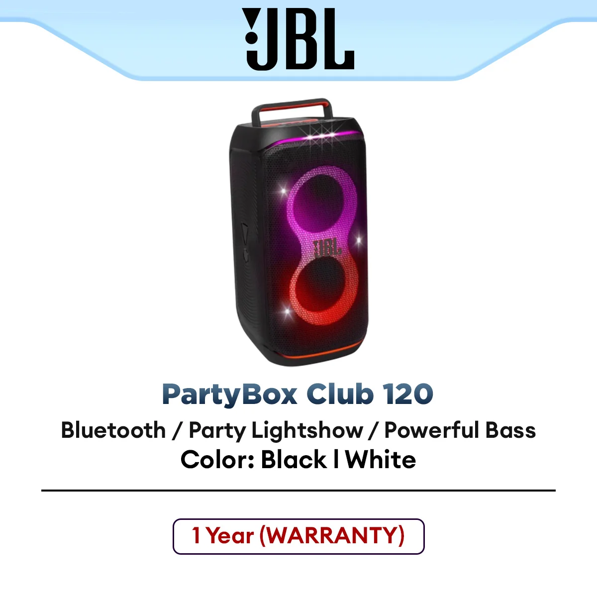 JBL PartyBox Club 120 Portable Bluetooth Speaker with 160W Powerful Sound Built-in Lights and Splashproof Party Box