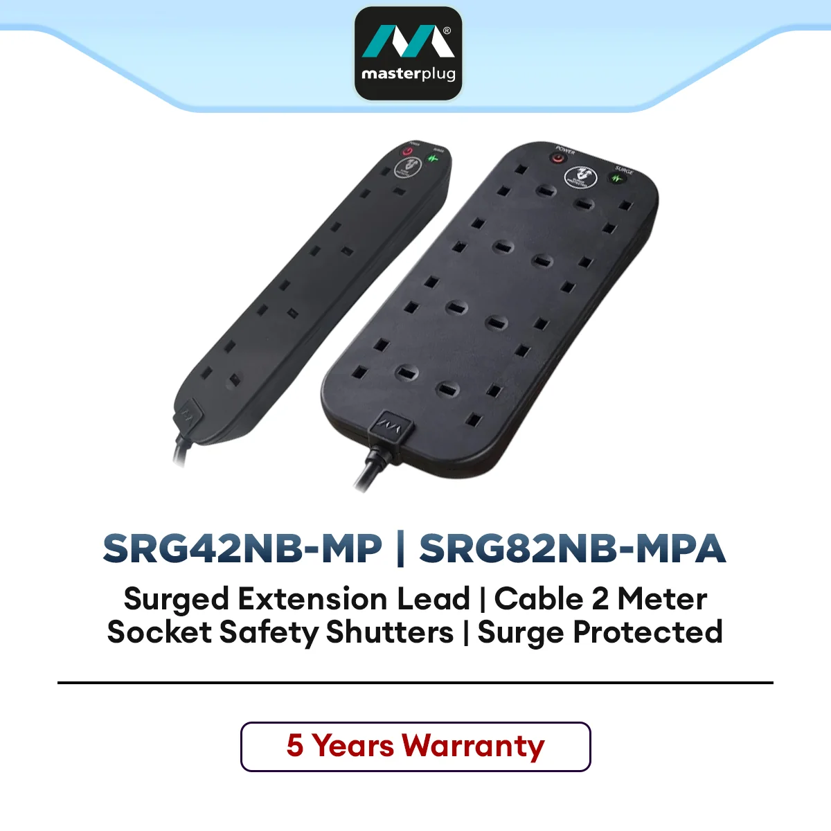 Masterplug 4 Socket (SRG42NB-MP) / 8 Socket Surge Protected Extension Lead (SRG82NB-MPA)