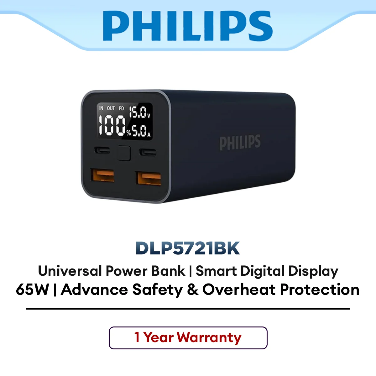 Philips Fast Charging Powerbank with Smart Digital Display 65W 20000mAh (DLP5721BK)