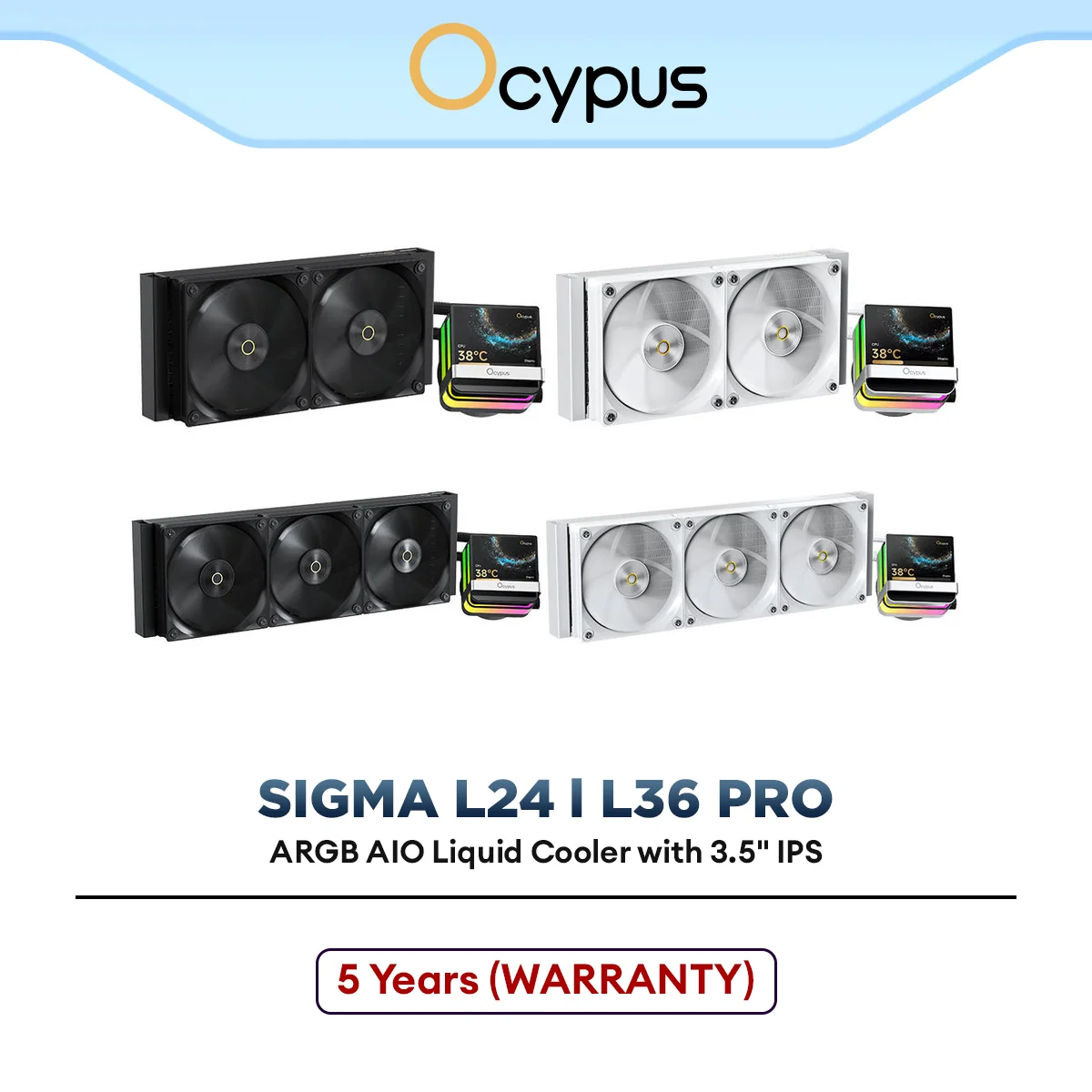 Ocypus Sigma L24 / L36 PRO ARGB AIO Liquid Cooler with 3.5 IPS Display Screen (Black/White)
