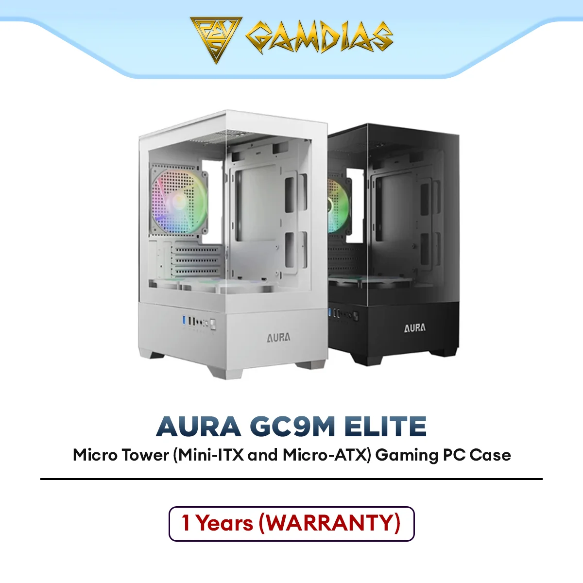 GAMDIAS AURA GC9M Micro-ATX With 3 ARGB FAN 120mm Fans Chasis & Tempered Glass Display Gaming PC Case (BLACK / WHITE)