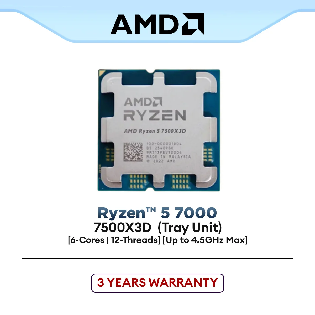 AMD Ryzen 5 7500X3D Tray Unit AM5 Gaming Processor (6-Cores/12-Threads, Up to 4.5Ghz) | AMD Ryzen™ 5 7000 SERIES