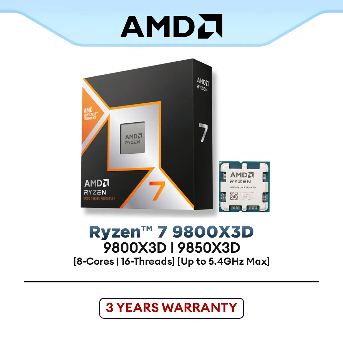 AMD Ryzen 7 9800X3D / 9850X3D AM5 Gaming Processor (8-Cores/16-Threads)