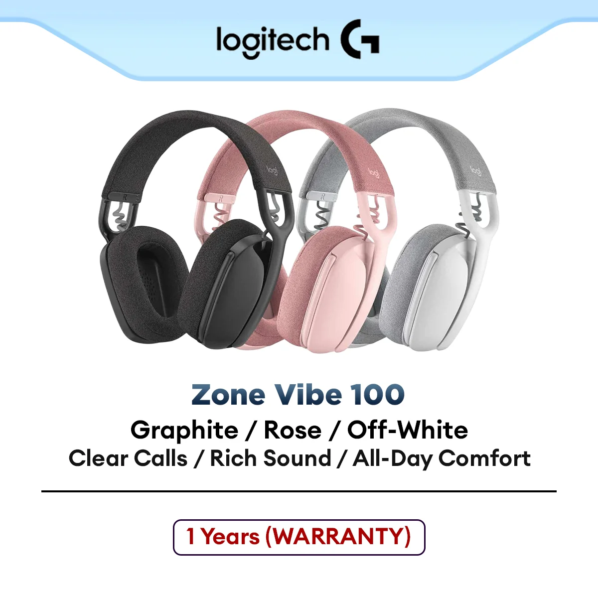 Logitech Zone Vibe 100 Lightweight Wireless Over Ear Headphones with Noise Canceling Microphone