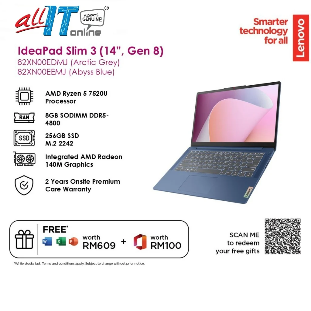 Lenovo IdeaPad Slim 3 14AMN8 (82XN00EEMJ/82XN00EDMJ) Laptop Ryzen5-7520U/8GB DDR5/256GB SSD/14" FHD/H&S+M365 Basic