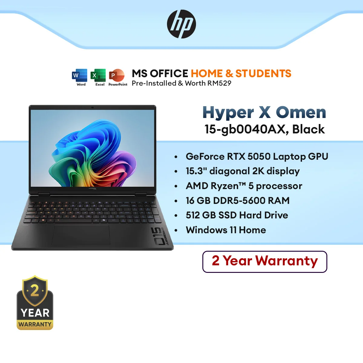 HP HyperX Omen 15-gb0040AX Laptop GeForce RTX5050/Ryzen5 240/16GB DDR5/512GB SSD/15.3" WQXGA 165Hz