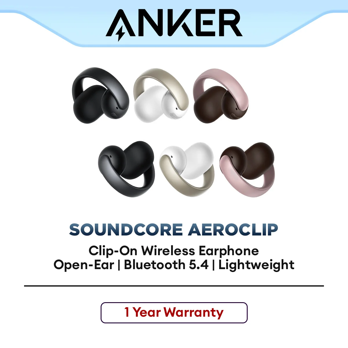 Anker Soundcore Open-Ear Bluetooth Earphone AeroClip for Daily Use Lightweight Clip-On Design
