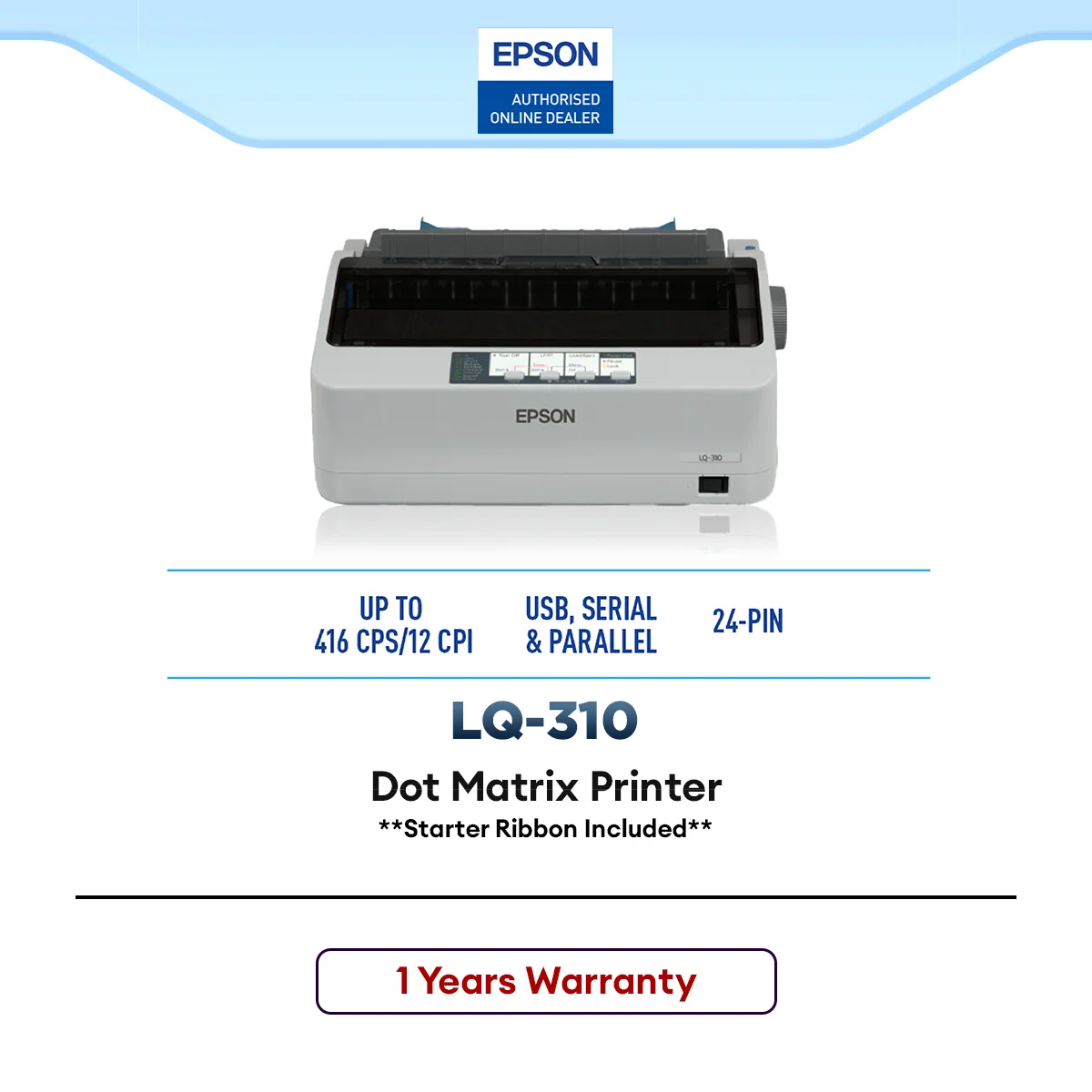 Epson LQ-310 Dot Matrix Printer | 24-Pin SIDM | USB, Serial & Parallel Invoice Receipt Printer