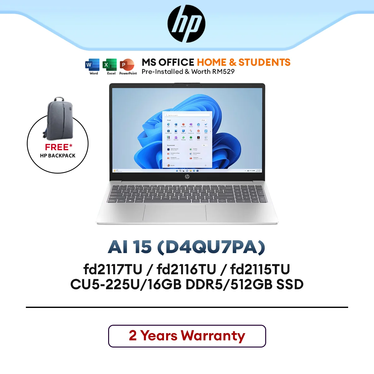 HP AI Laptop 15-fd2115TU-15-fd2116TU-15-fd2117TU CU5-225U/16GB DDR5/512GB SSD/15.6"FHD