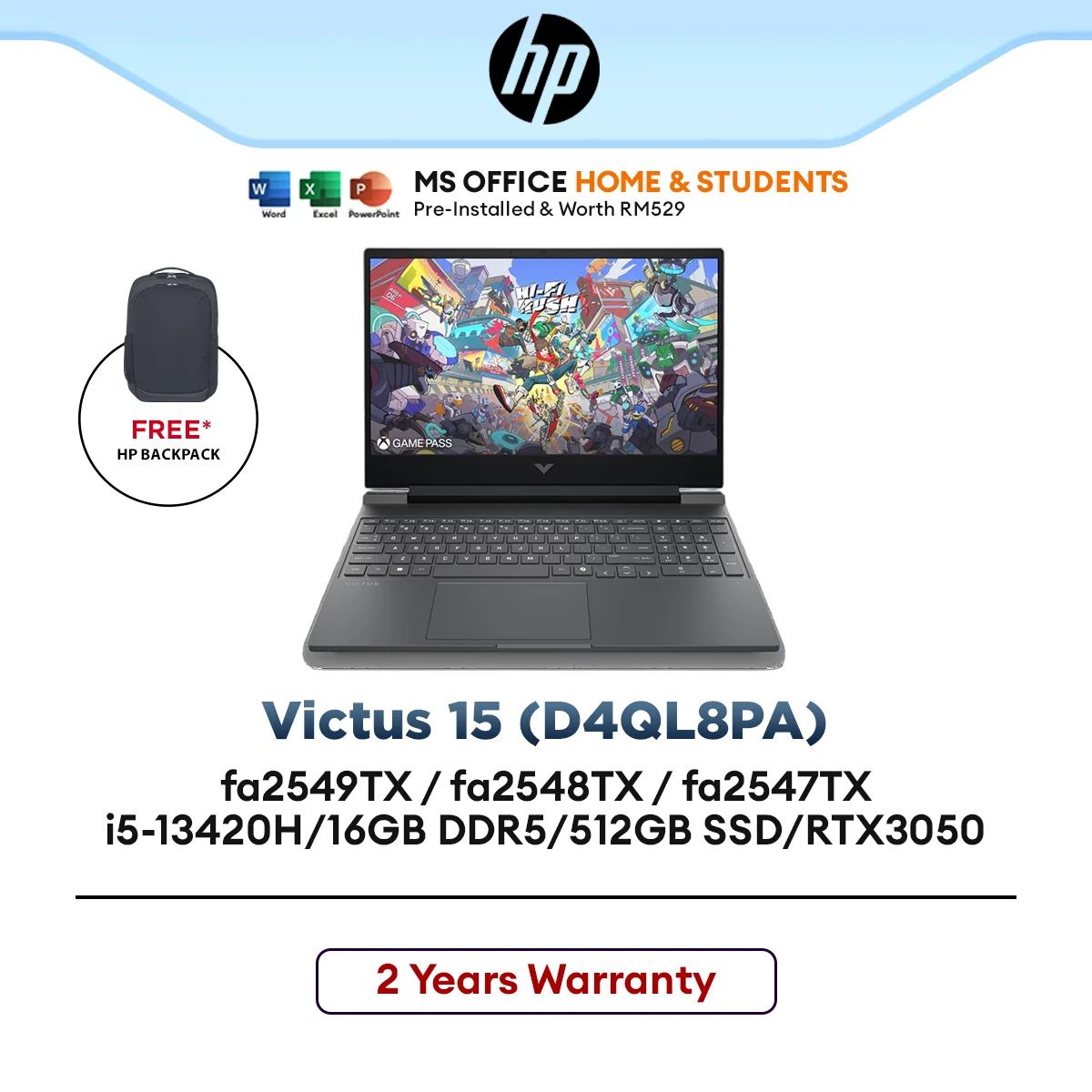 HP Gaming Victus Laptop 15-fa2547TX-15-fa2548TX-15-fa2549TX i5-13420H/16GB DDR5/512GB SSD/15.6"FHD 144Hz/RTX3050