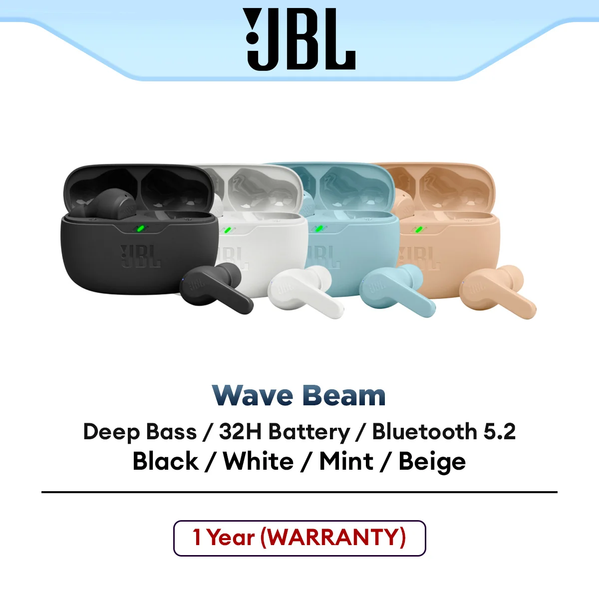 JBL Wave Beam True Wireless Earbuds | Bluetooth 5.2 | Deep Bass Sound | Speed Charge | Smart Ambient Aware | 32 Hours Long Battery Life | IP54 | IPX2 | Water & Dust Resistant