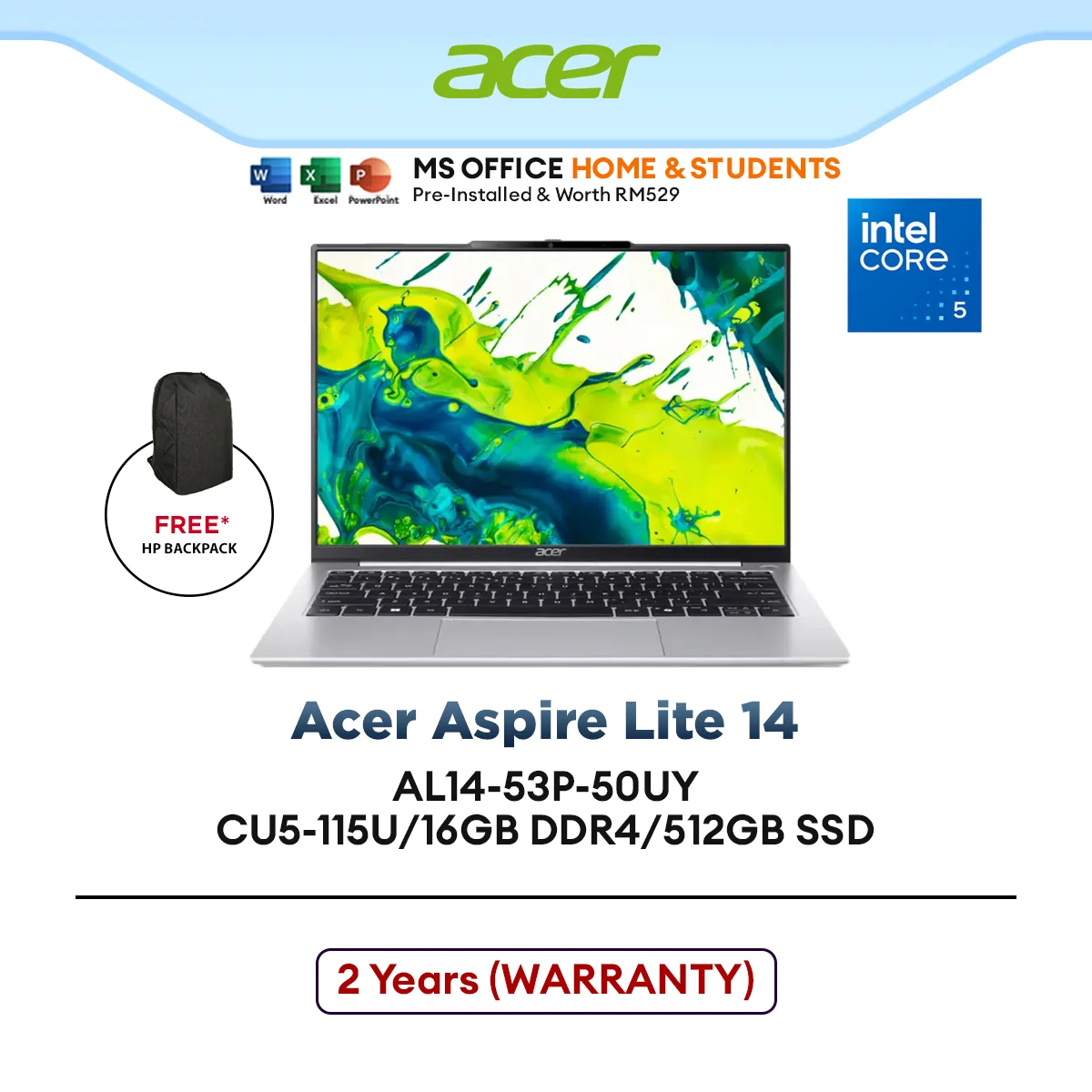 Acer Aspire Lite 14 Laptop AL14-53P-50UY CU5-115U/16GB DDR4/512GB SSD/14"WUXGA
