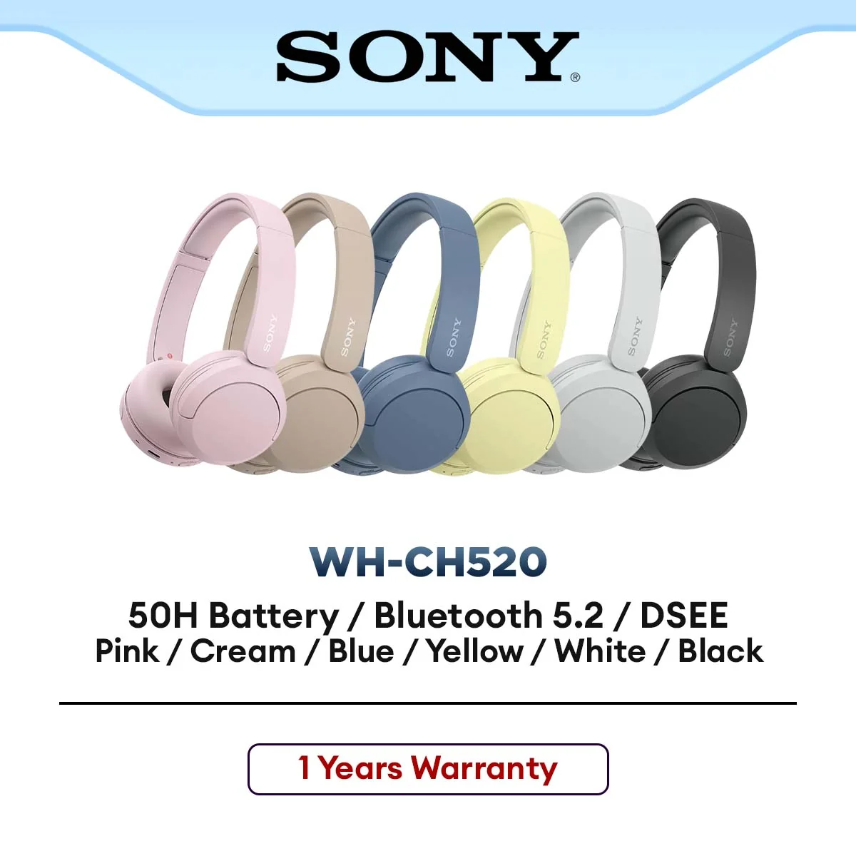 Sony WH-CH520 Wireless Headphones Wireless On-Ear Headphones Bluetooth with Swivel Design Voice assistant USB Type C Charging