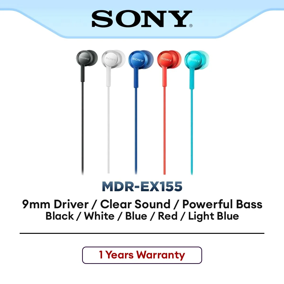 Sony MDR-EX155 In-Ear Wired / Corded Headphones | Neodymium Drivers | 3.5mm Jack | Tangle-free Cable | L-shaped gold-plated Stereo mini plug