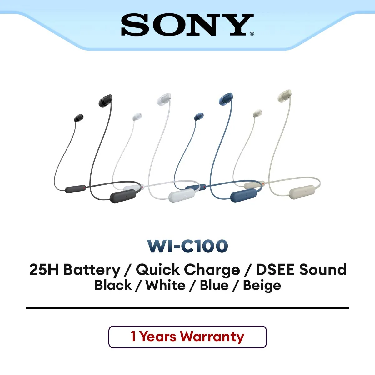 SONY WI-C100 Wireless Bluetooth In-ear Headphone | 25 hours battery life | Water Resistance IPX4 | Voice Assistant