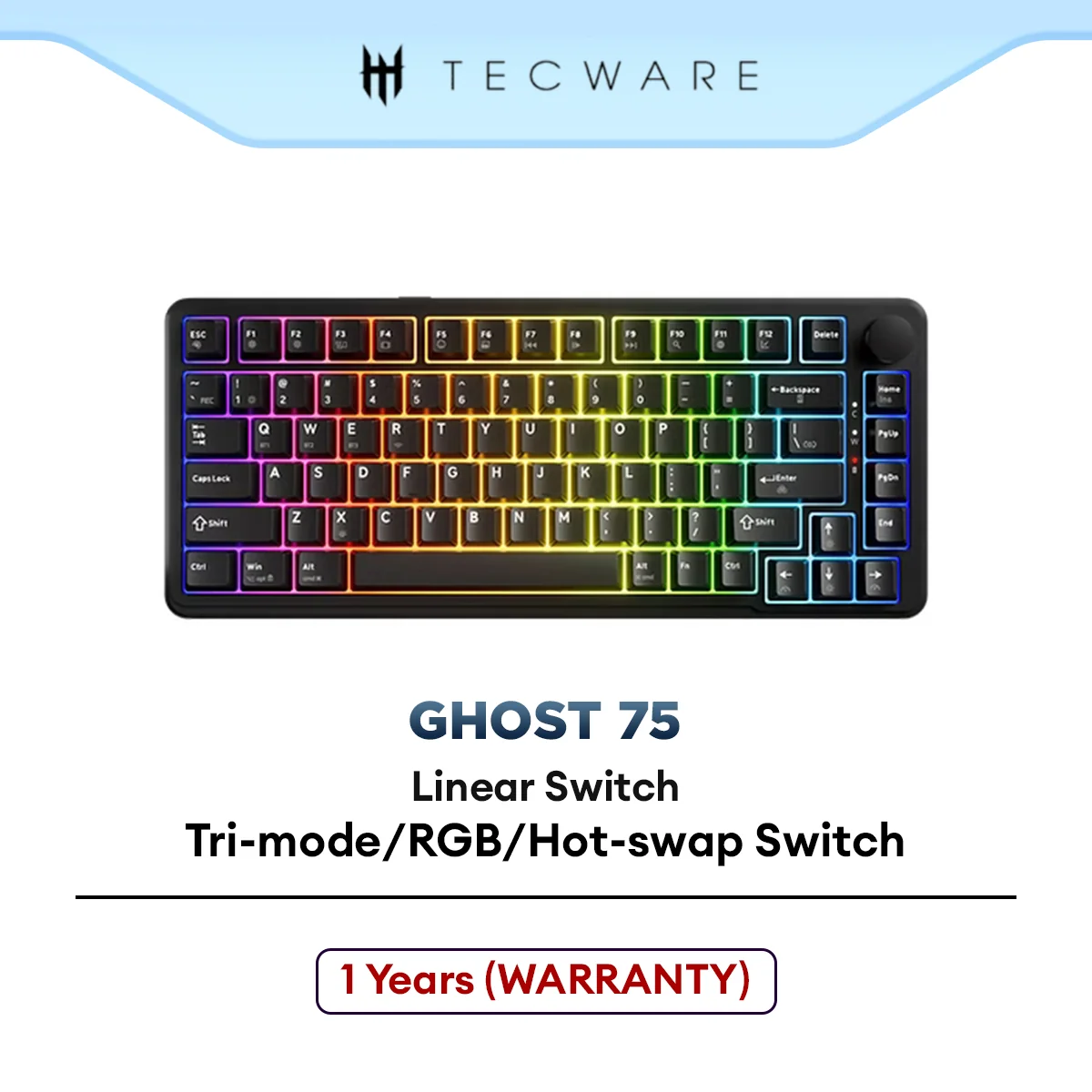 Tecware Ghost75 Gaming Keyybaord, Tri-modeConnectivity/RGB/Hot-swap Switch Sockets