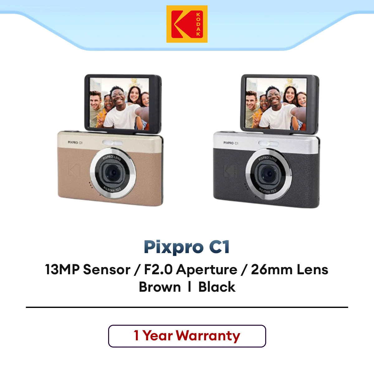 Kodak Pixpro C1 DIgital Camera [13MP CMOS Sensor | 26mm, F2.0 Fixed Focus Lens | 1080p Full HD Video | Li-ion Battery]