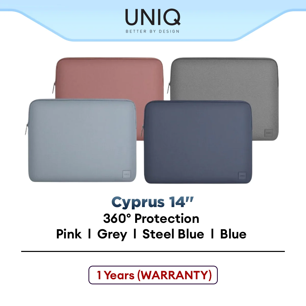 UNIQ Cyprus Laptop/Macbook Sleeve Waterproof Water-resistant 14''  (Grey/Pink/Blue/Steel Blue)