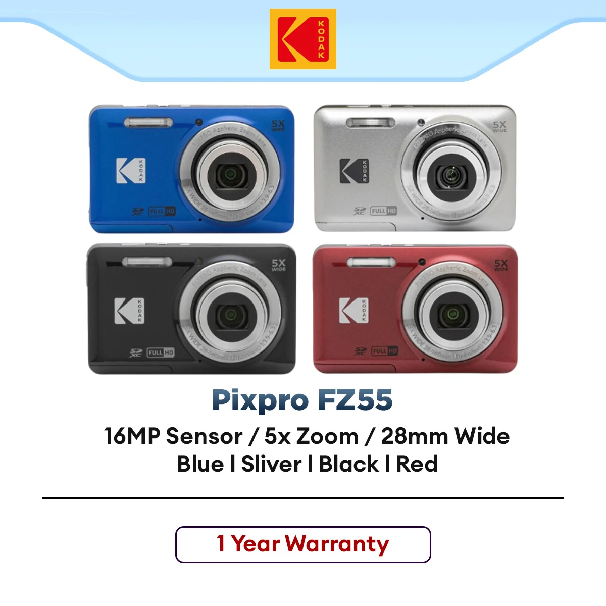 Kodak Pixpro FZ55 DIgital Camera [5x Optical Zoom | 16MP CMOS Sensor | 1080p Full HD Video | 28mm Wide | 2.7" LCD ]