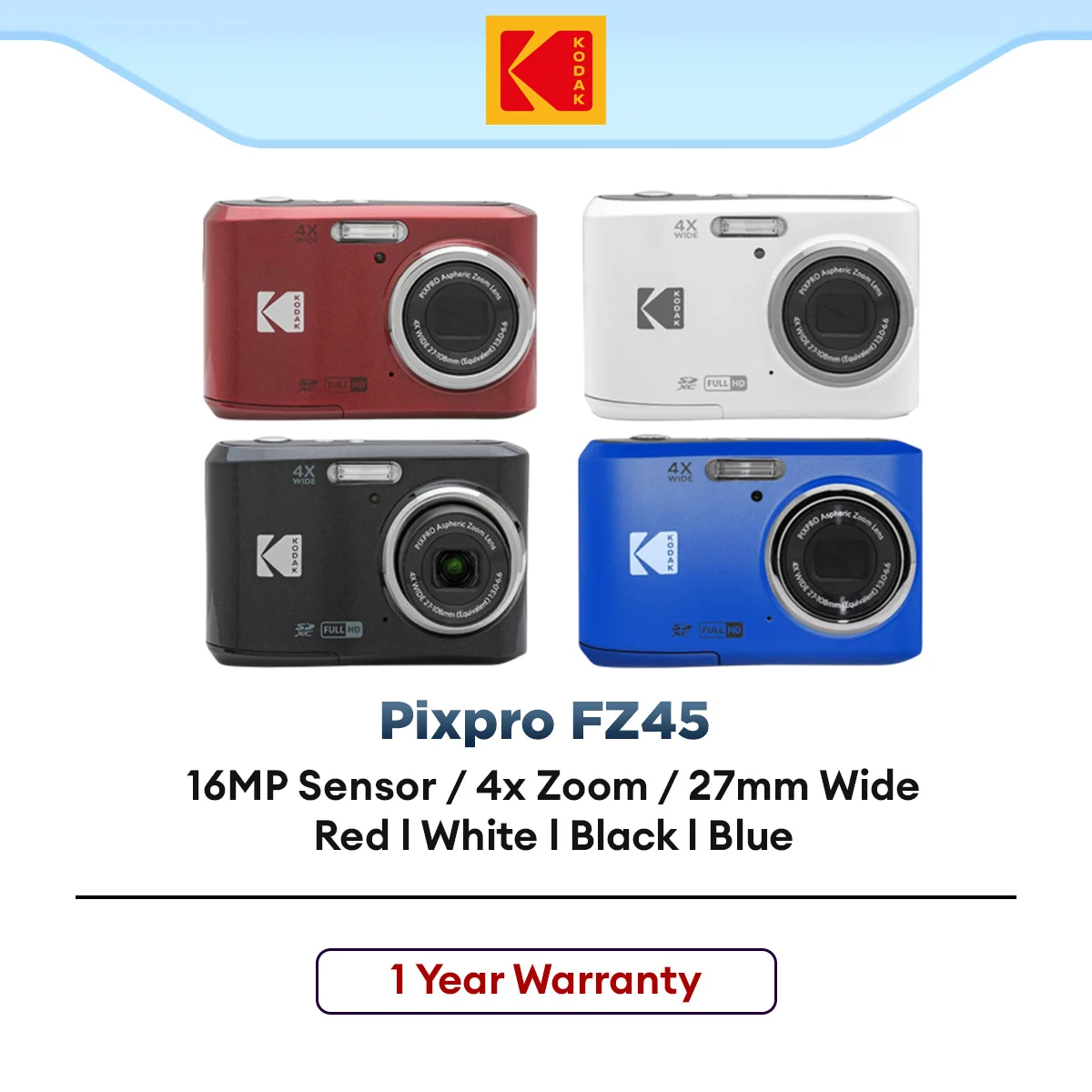 Kodak Pixpro FZ45 DIgital Camera [4x Optical Zoom | 16MP CMOS Sensor | 1080p Full HD Video | 27mm Wide | 2.7" LCD ] Angle Lens |