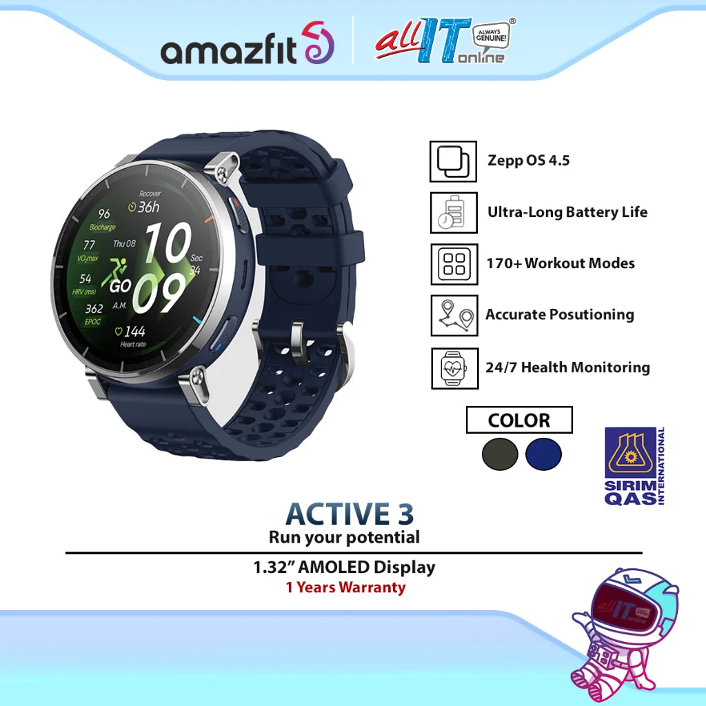 Amazfit Active 3 Smartwatch Fitness Smartwatch with AMOLED Display, GPS, Heart Rate & Sleep Tracking for Sports & Daily