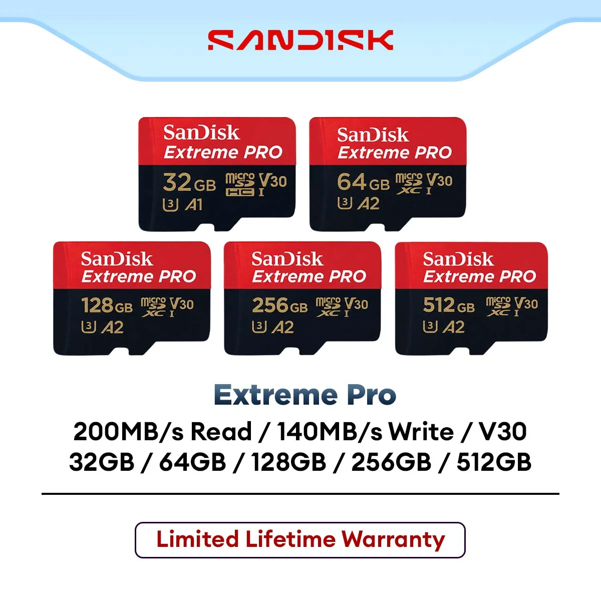 Sandisk Extreme Pro 4K (Up to 200MB/s) MicroSD Card With Adapter (32GB/64GB/128GB/256GB/512GB) (SDSQXCG / SDSQXCY / SDSQXCD / SDSQXCU)