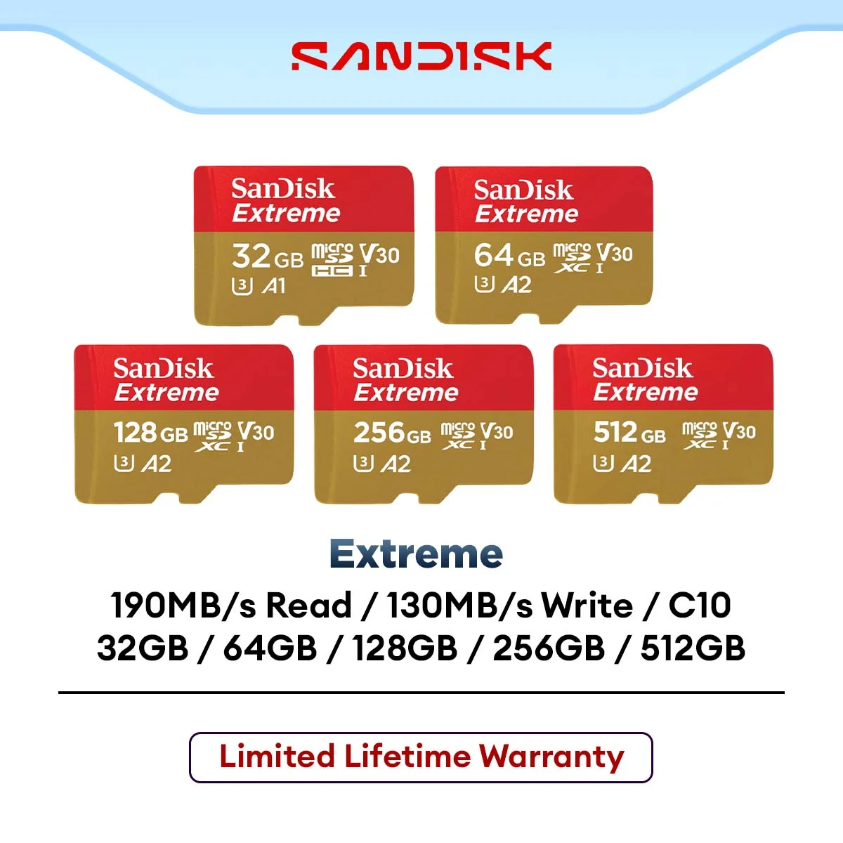Sandisk Extreme Up To 190MB/S MicroSD Card A2 Class 10 (32GB/64GB/128GB/256GB) (SDSQXAF/SDSQXAH/SDSQXAA/SDSQXAV)