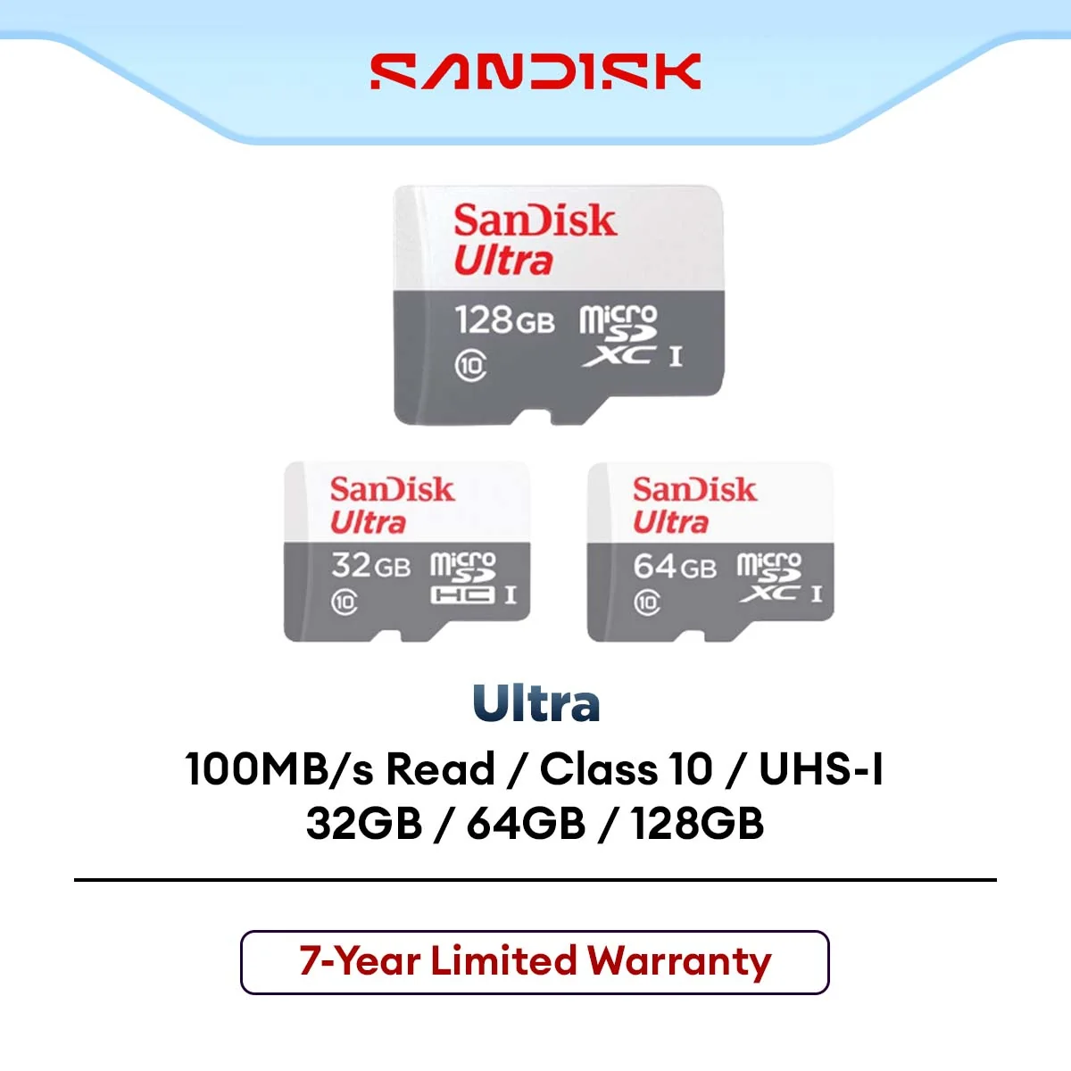 SanDisk Ultra Class 10 UHS-I microSD Memory Card  - (32GB/64GB/128GB)(Max R: 100MB/s)(SDSQUNR) NO SD ADAPTER