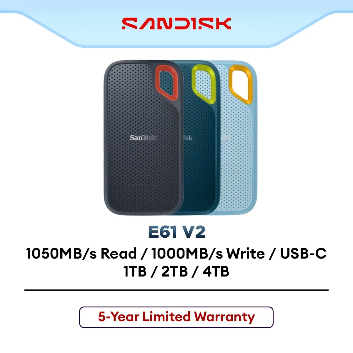 SanDisk Extreme Portable SSD 1050MB/s E61 Type-C IP55 Shock-Resistant Water-Resistant Drop Protection (1TB / 2TB / 4TB))