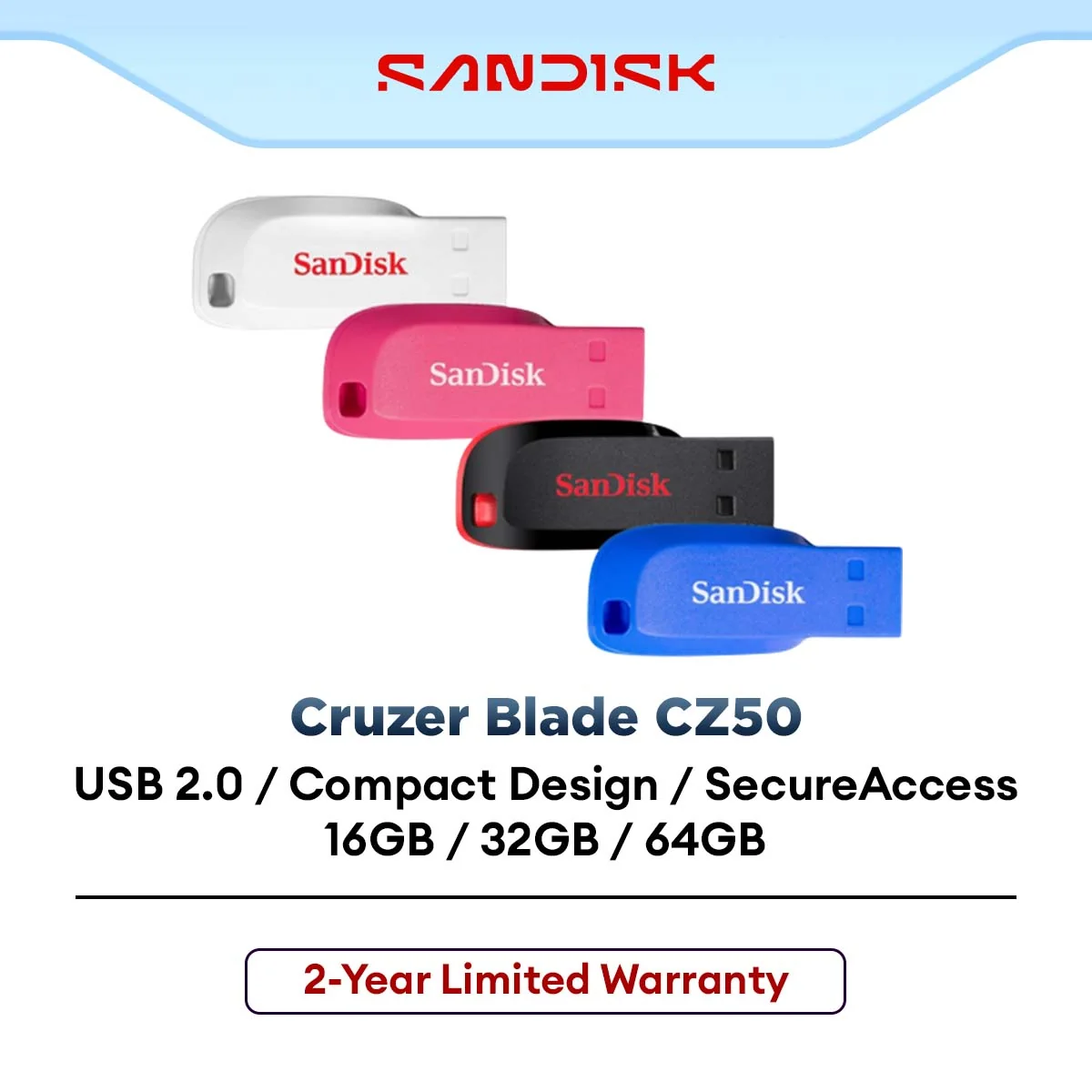 SanDisk CZ50 Cruzer Blade Pendrive USB 2.0 Flash Drive Black/Pink (16GB/32GB/64GB)