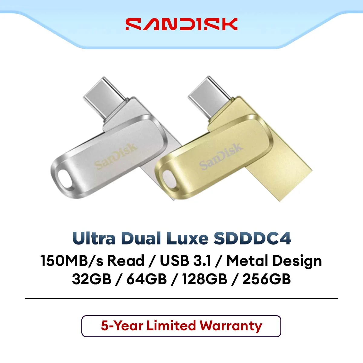 SanDisk Ultra Dual Drive Luxe USB Type-C Flash Drive (32GB/64GB/128GB/256GB)