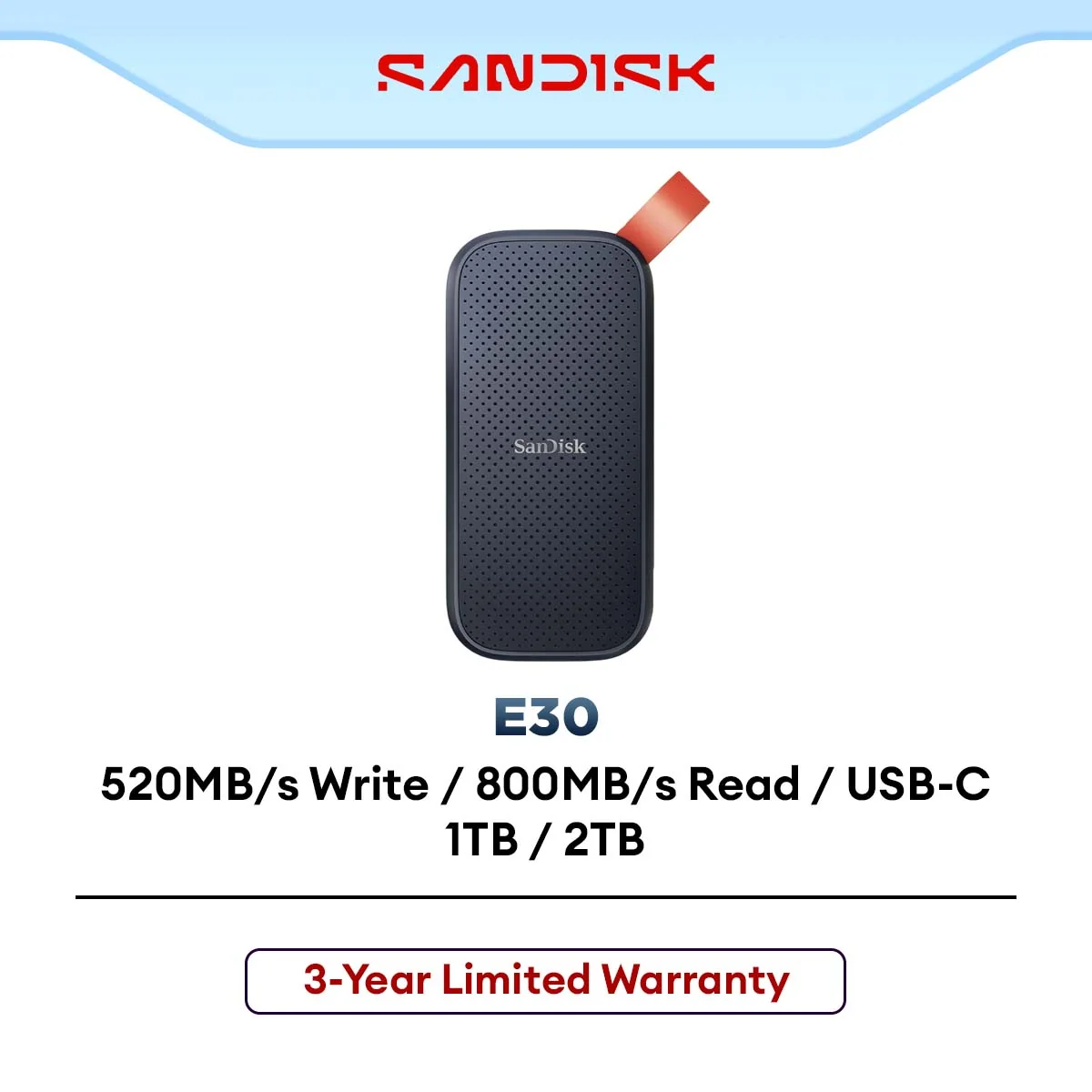 SanDisk Extreme Portable USB 3.2 Gen 2 SSD (1TB / 2TB) E30 R:520MB/800MB/S External Solid State Drive