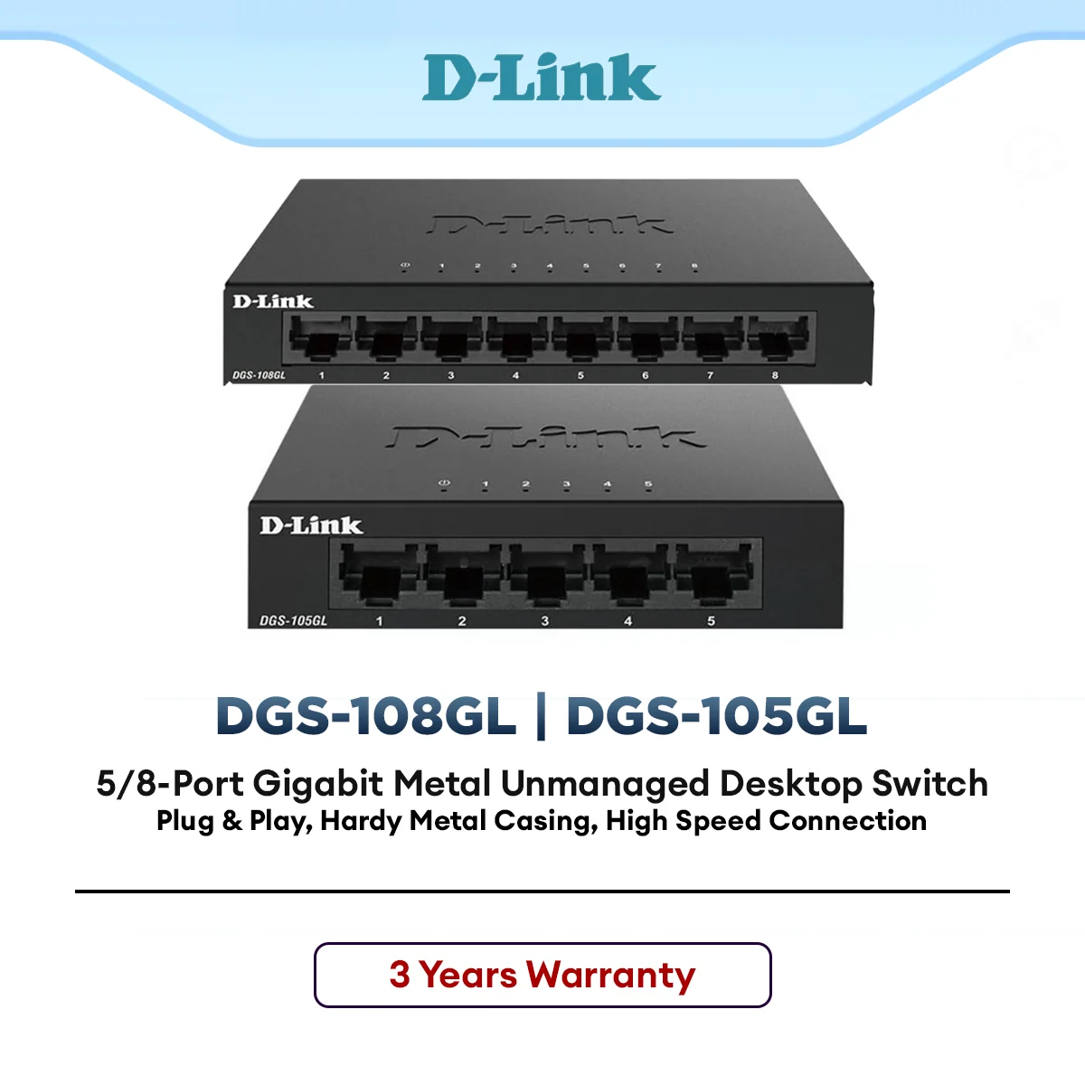 D-Link DGS-105GL / DGS-108GL Gigabit Switch 5-Port 8-Port Unmanaged LAN Network Plug & Play Metal Housing