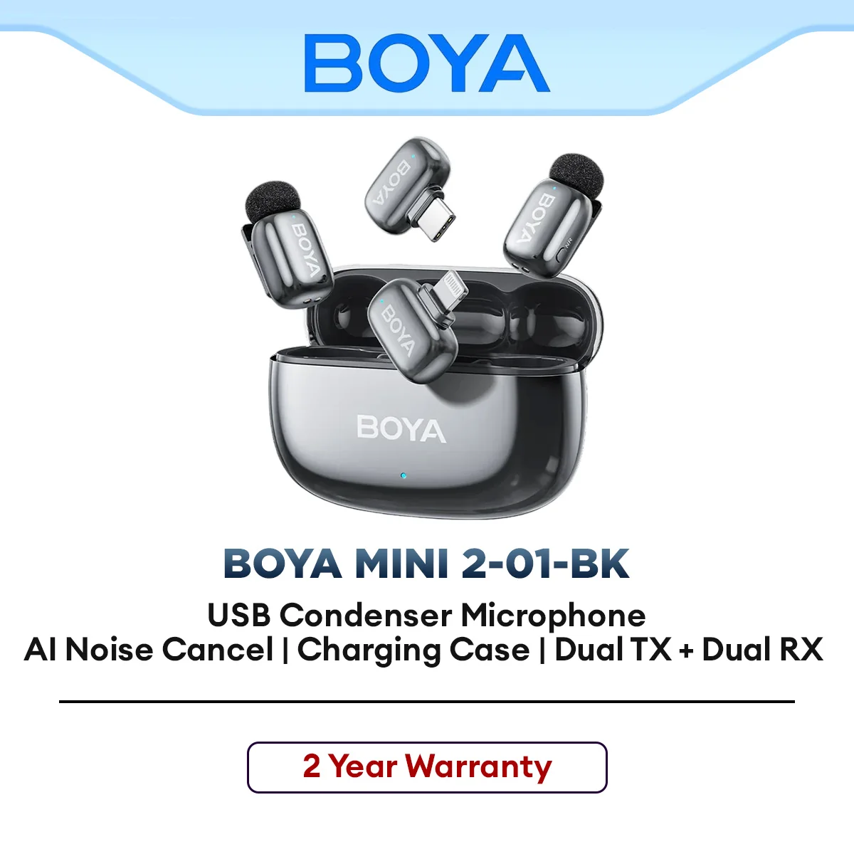 BOYA Wireless Lavalier Microphone Mini 2-01-BK for Content Creation USB-C Lightning Noise Cancellation