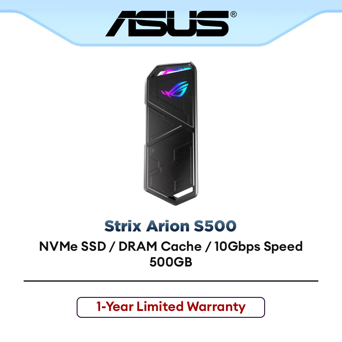 ASUS ROG Strix Arion S500 Portable SSD - USB-C 3.2 NVMe SSD Gen2 DRAM (500GB) Data Encryption and Aura Sync