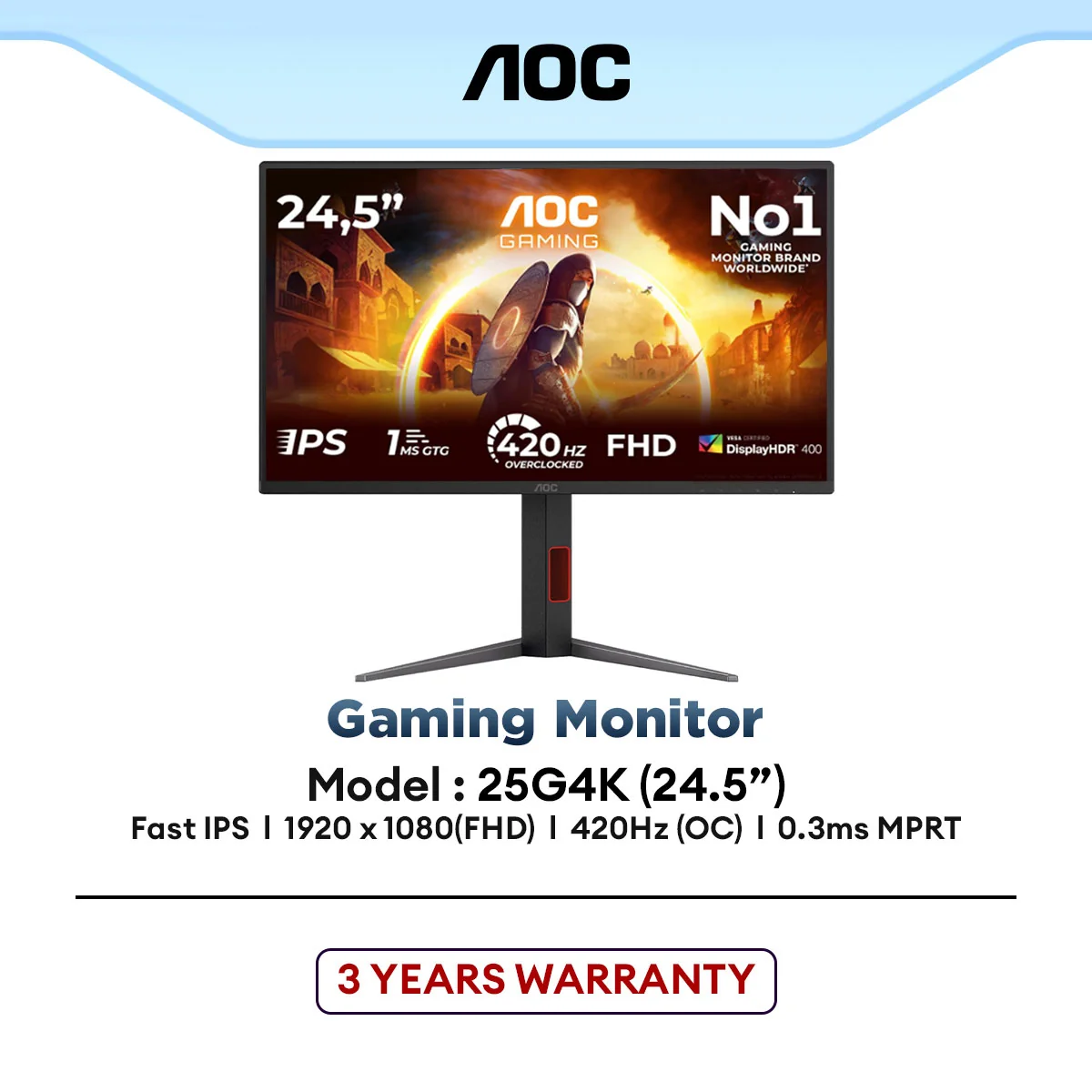 AOC 25G4K 24.5” Full HD Fast IPS 420Hz(OC) HDR400 Gaming Monitor | 0.3ms | G-sync | Flicker-free
