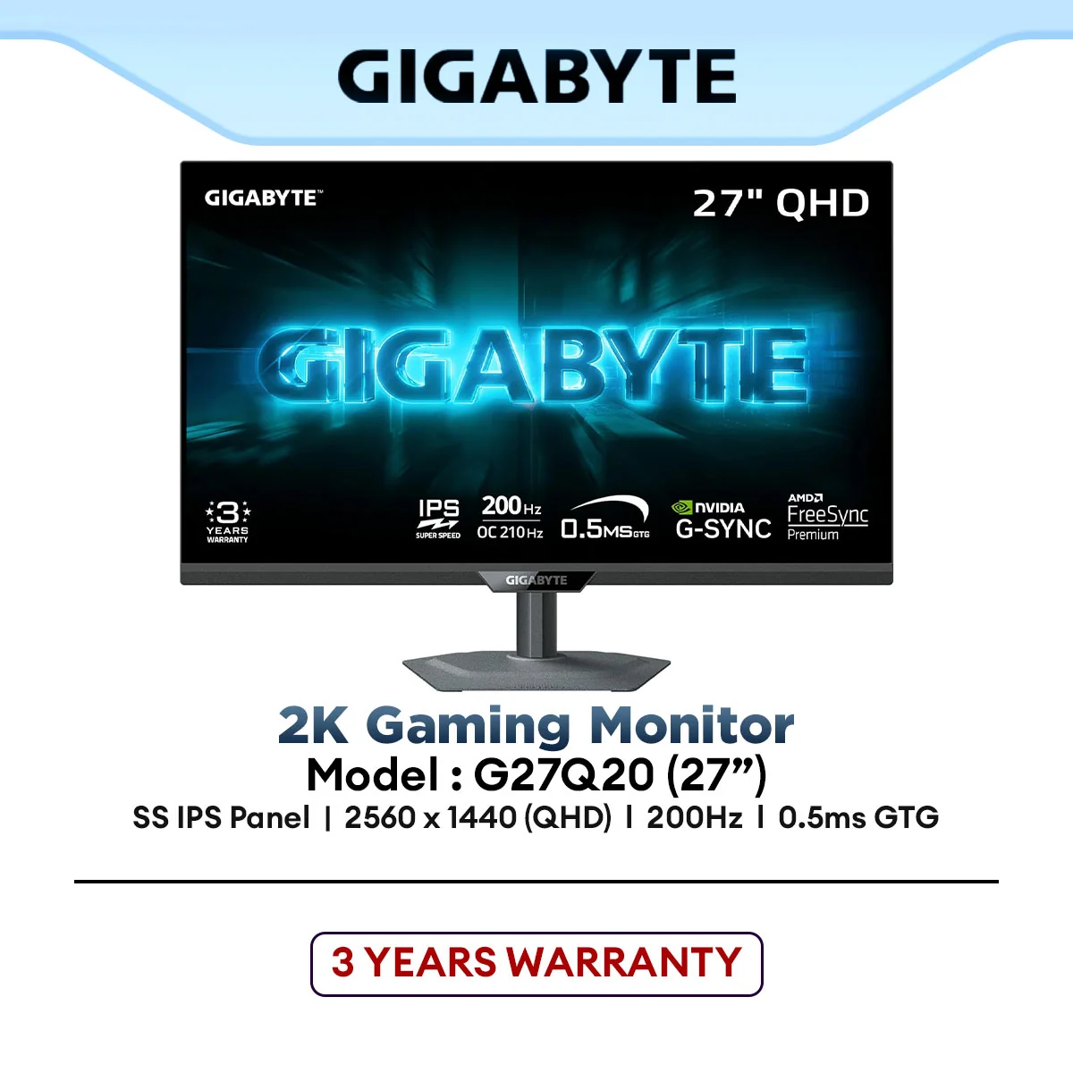 GIGABYTE G27Q20 27" SS IPS 2K QHD 200Hz Gaming Monitor | Up to 0.5ms | HDR10