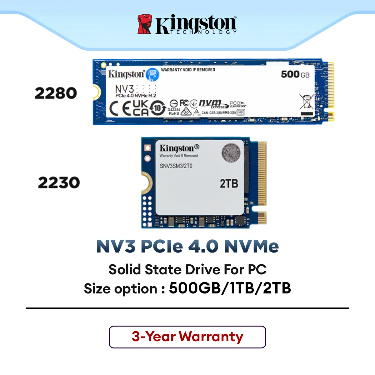 Kingston M.2 NV3 NVMe PCIe Gen 4x4 M.2 2280 / 2230 SSD Solid State Drive For PC / Console (500GB/ 1TB/ 2TB)