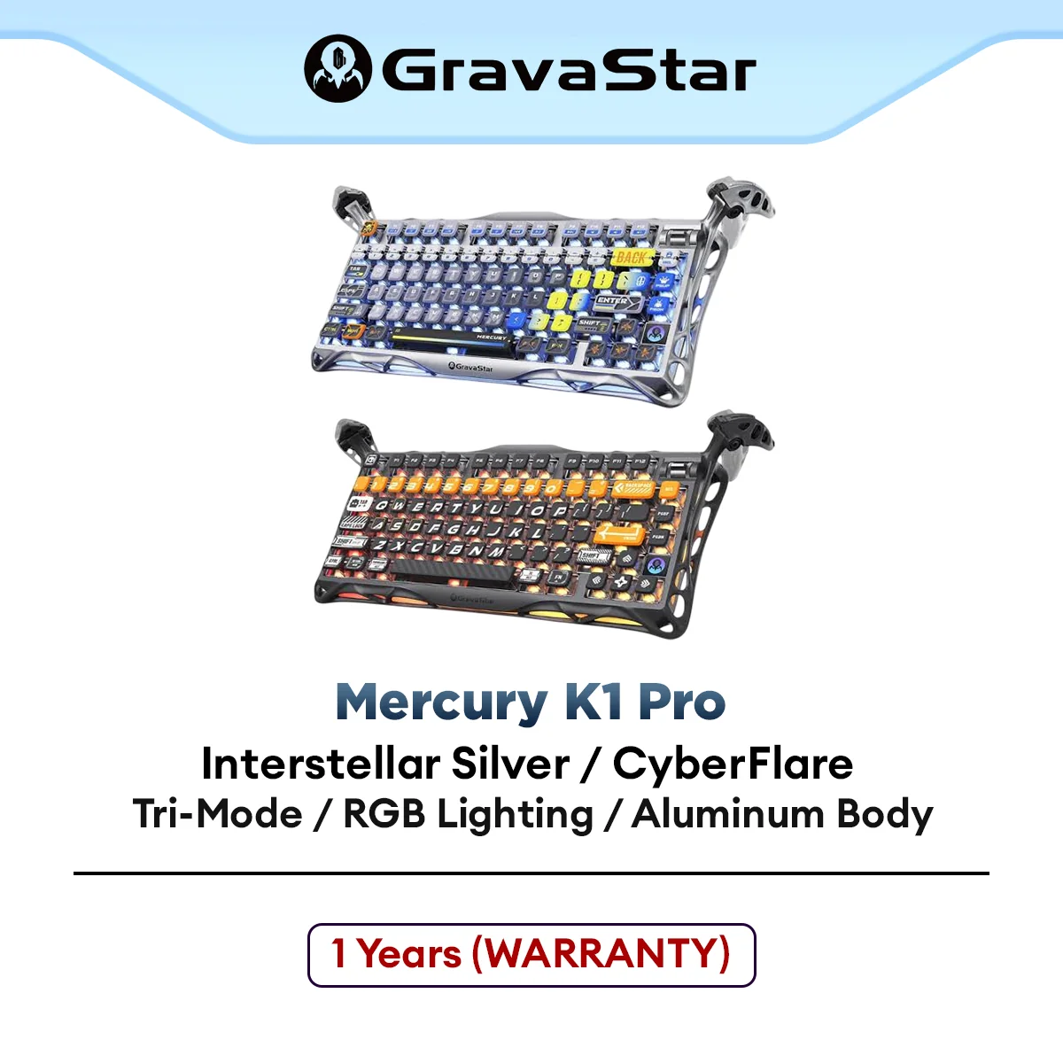 GravaStar Mercury K1 Pro Wireless 75% Mechanical Gaming Keyboard with Aluminum Alloy, RGB Lighting, Tri Mode Connection