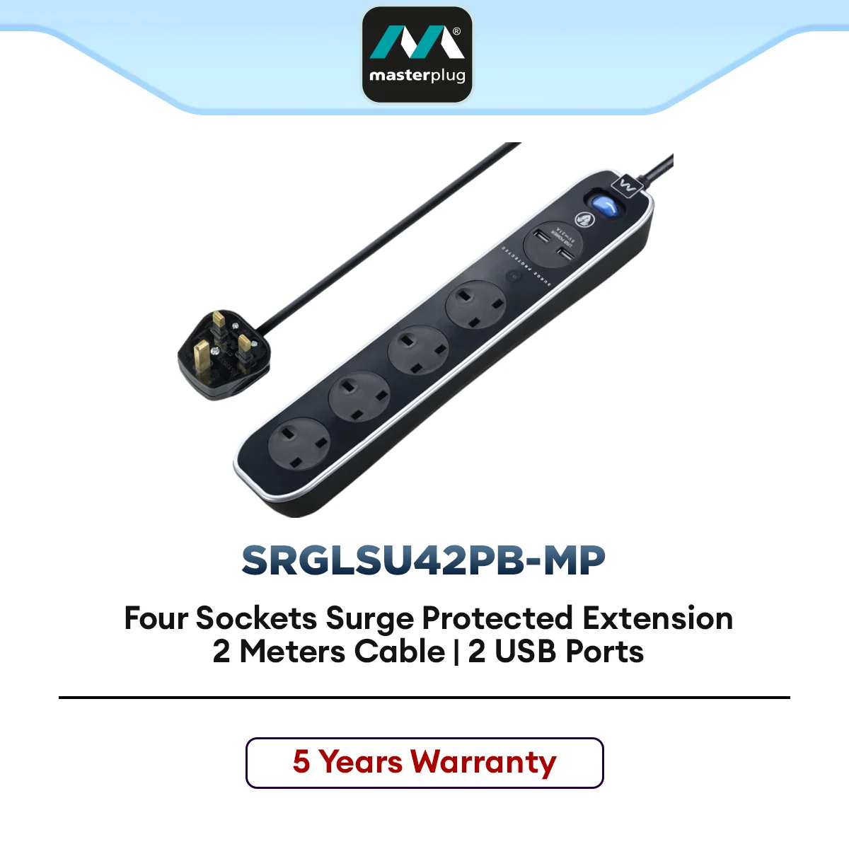 Masterplug Surge Protected Extension Lead with USB Charging for Home & Office 4 Gang Power Socket (SRGLSU42PB-MP)