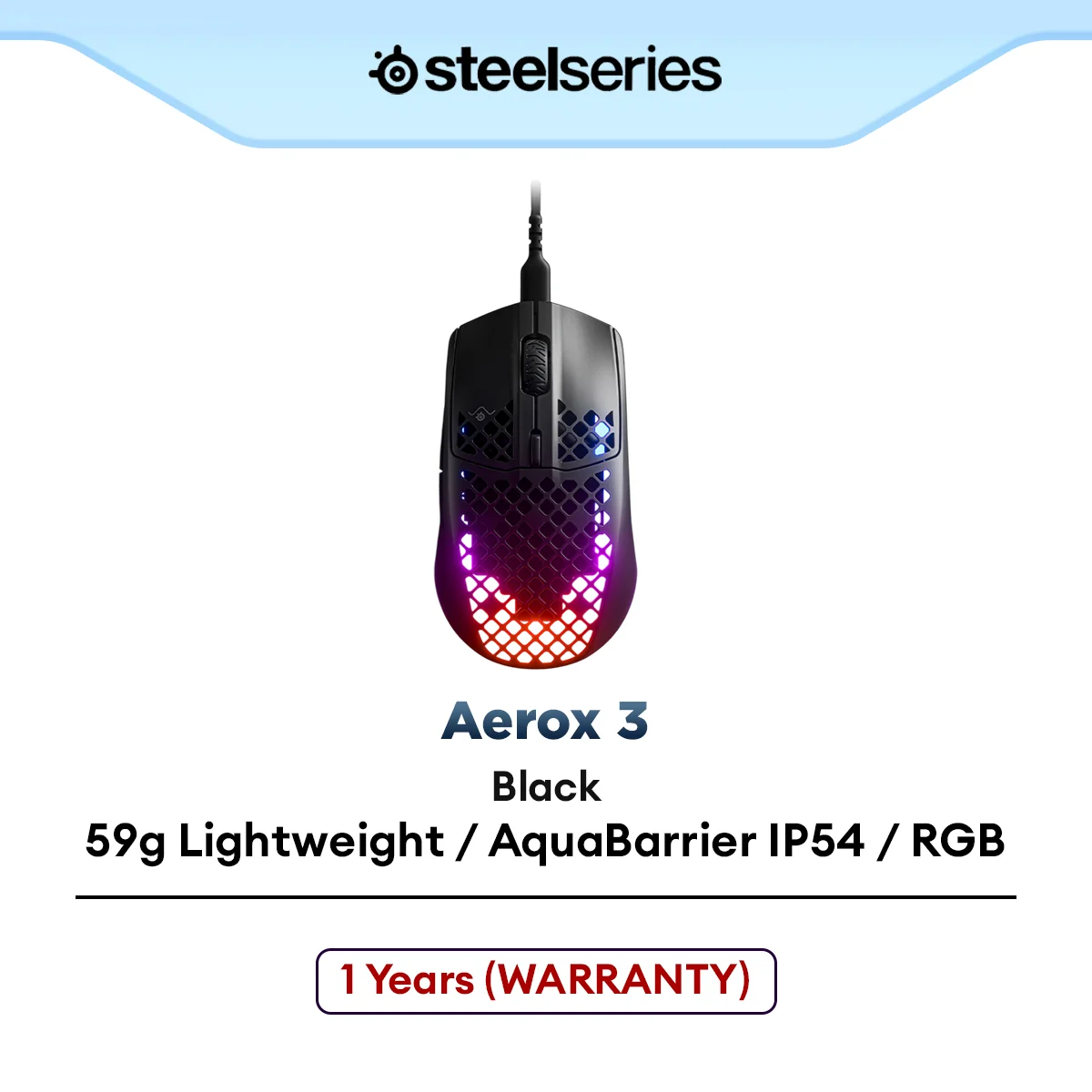SteelSeries Aerox 3 Wired Ultra Lightweight Super-Fast Gaming Mouse with AquaBarrier™ | Ultra Lightweight | Stunning RGB