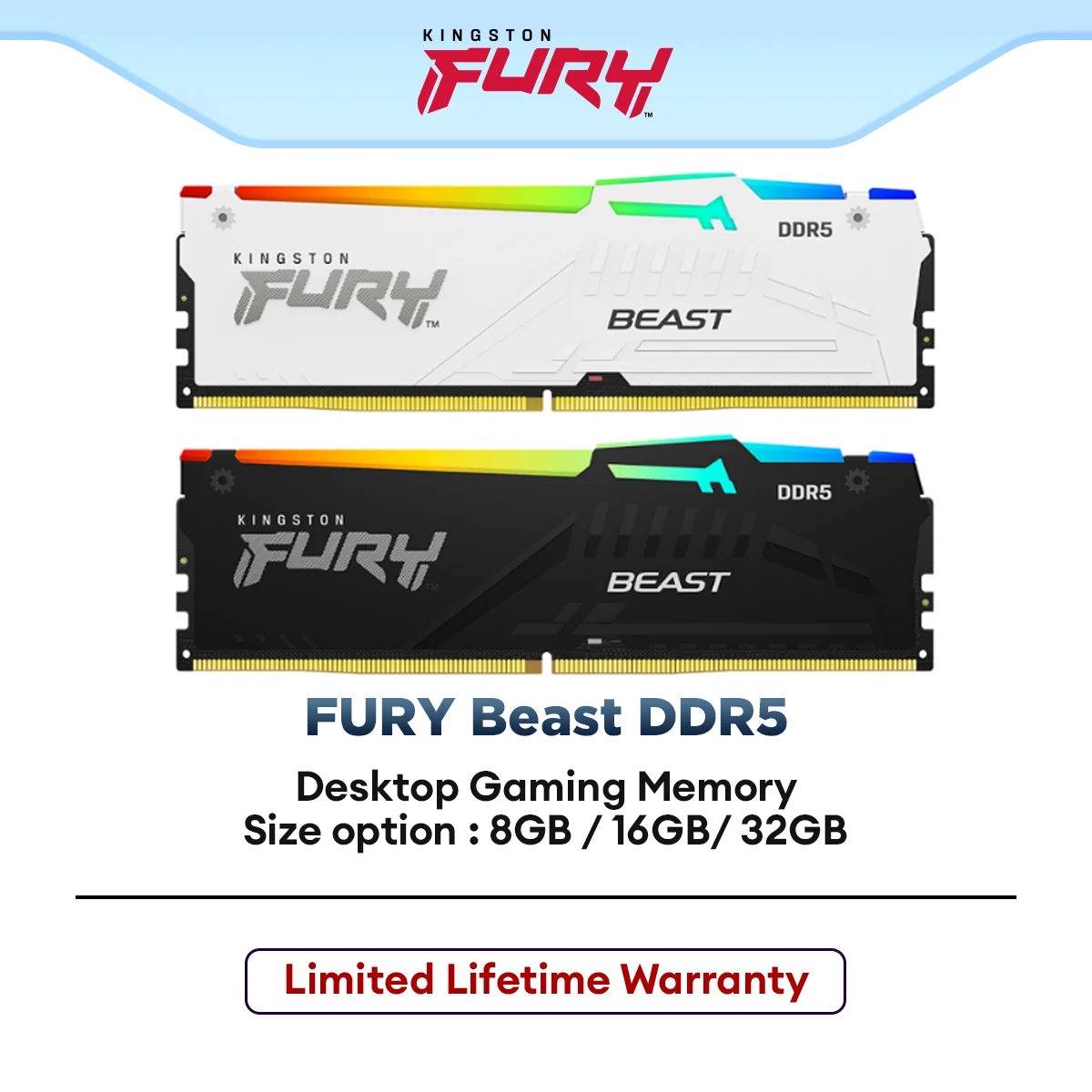 Kingston FURY Beast RGB DDR5 (5200MHz/5600MHz/6000MHz) CL36/CL40 Desktop PC Gaming Memory RAM - (8GB/16GB)