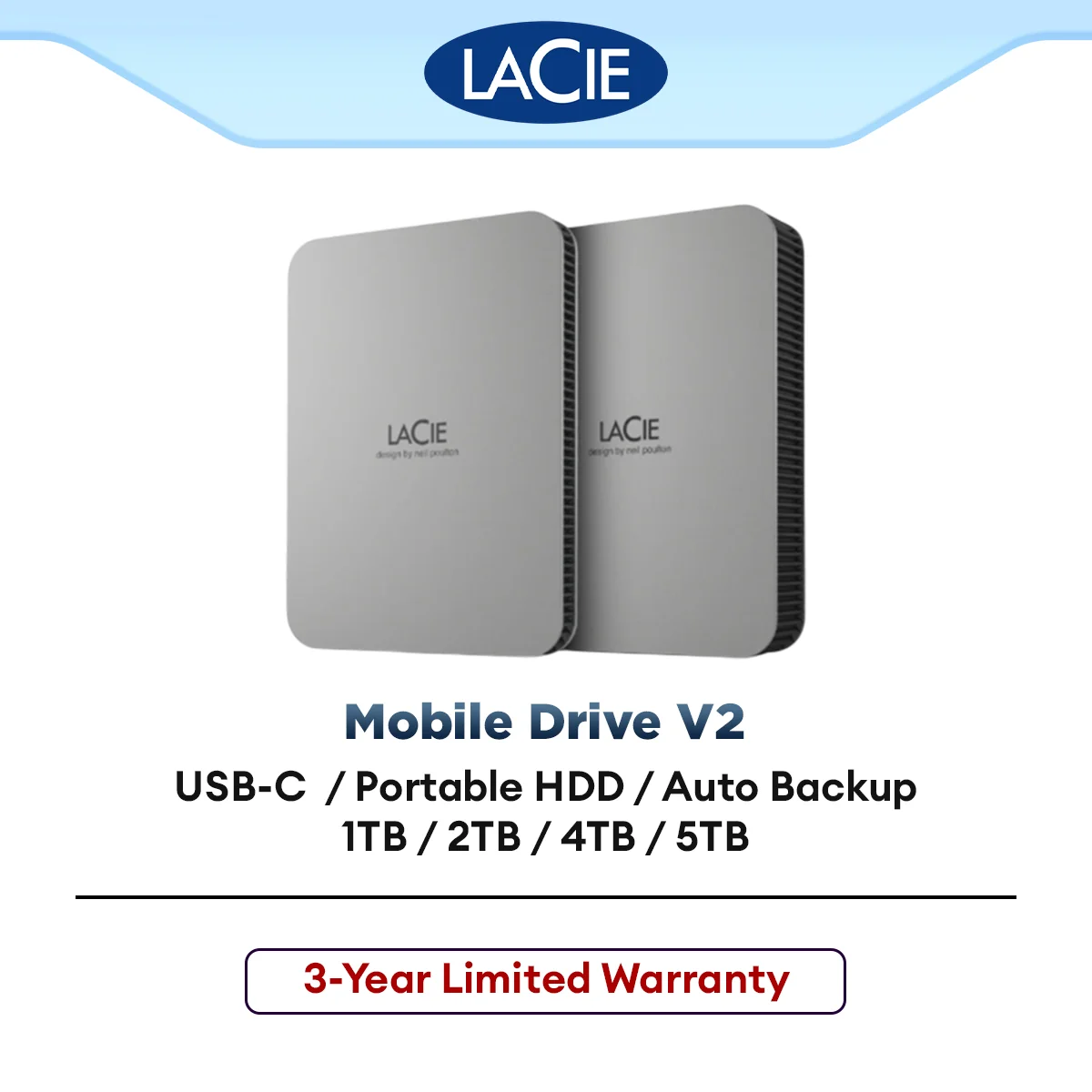 LaCie Moon Silver 1TB/2TB/4TB/5TB Mobile Drive  V2 USB-C with rescue 2.5 External Hard Drive Portable HDD