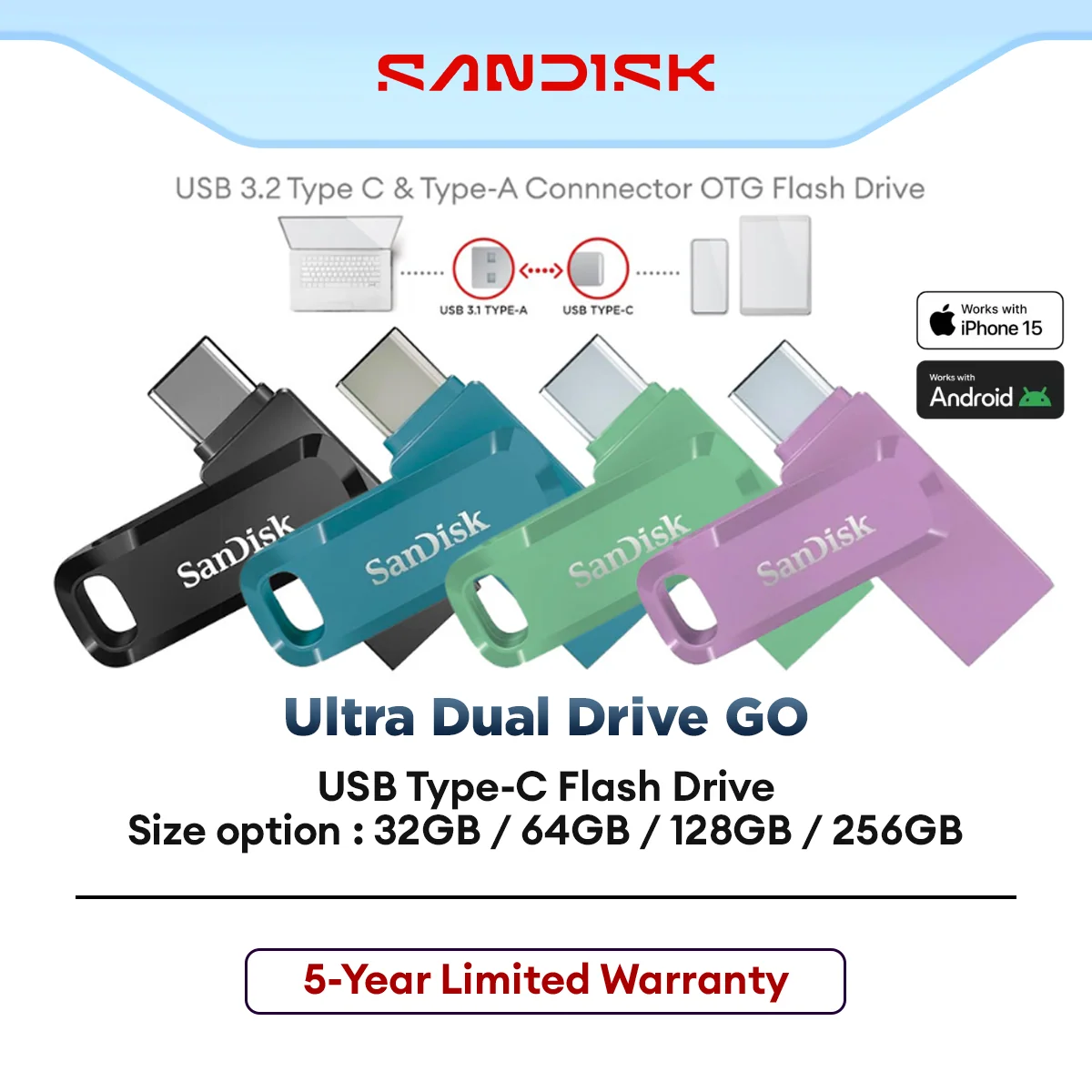 Sandisk Ultra Dual Go OTG Drive USB Type-C ( Black / Blue / Purple / Green ) SDDDC3 ( 32GB / 64GB / 128GB/256GB )