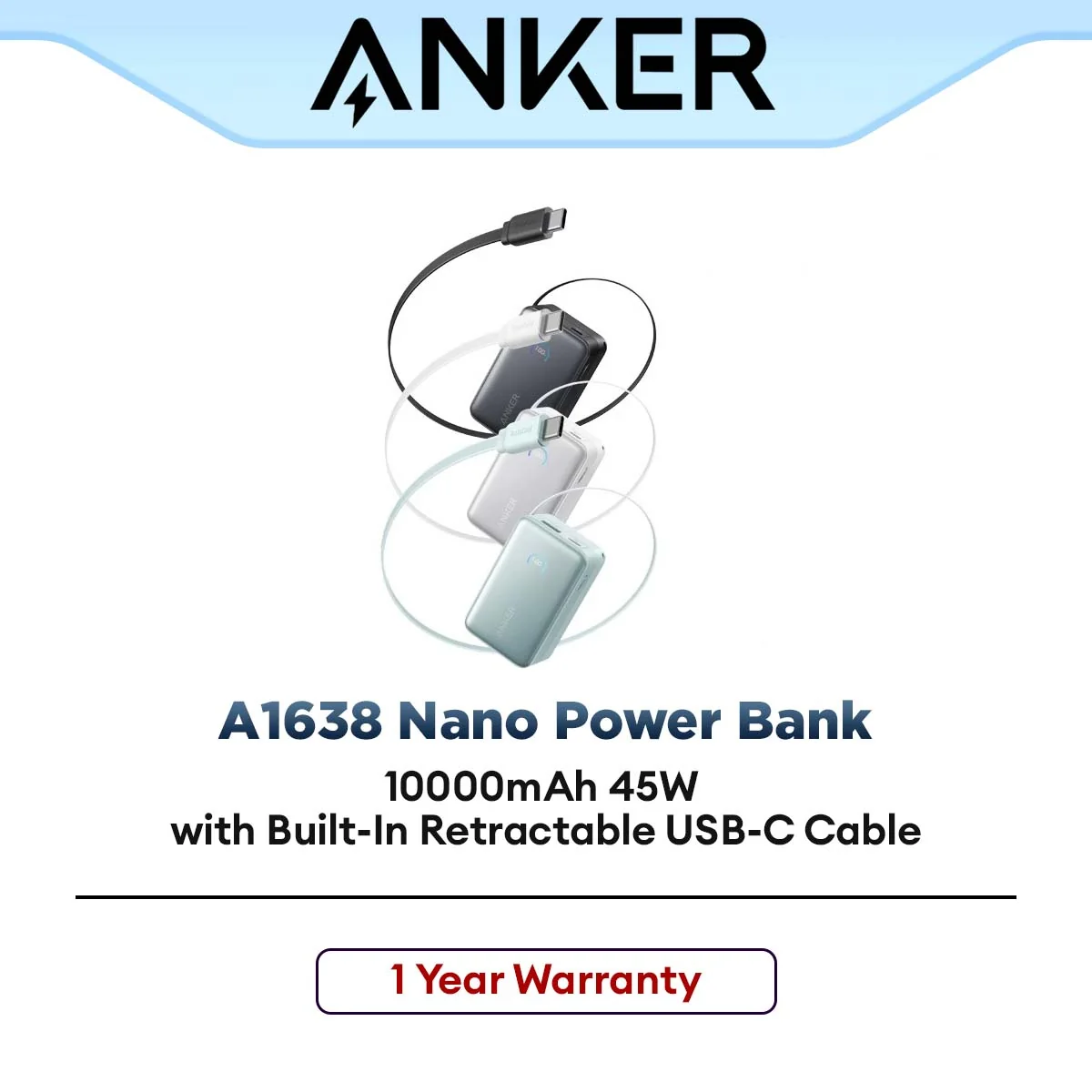 Anker A1638 Nano Power Bank (10000mAh 45W with Built-In Retractable USB-C Cable) | BLACK / WHITE