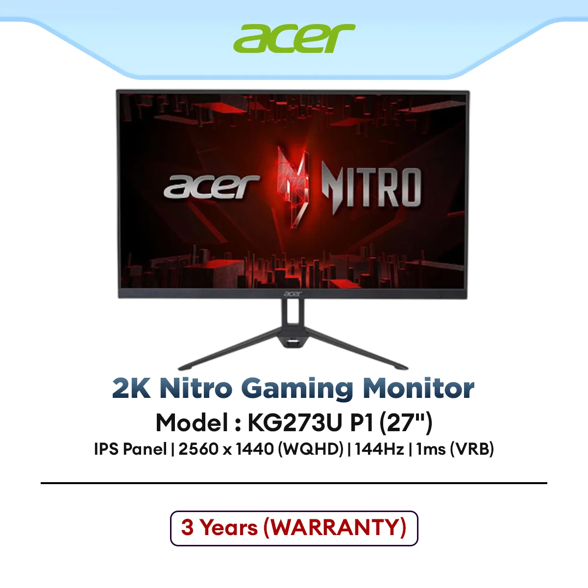 ACER NITRO KG273U P1 27" WQHD IPS 144Hz Gaming Monitor | 1ms | Built-in Speaker | AMD FREESYNC