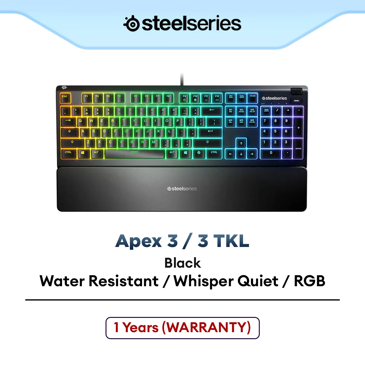 SteelSeries Apex 3 / Apex 3 TKL Wired Membrane Gaming Keyboard with Water Resistant, Whisper Quiet Switches, RGB