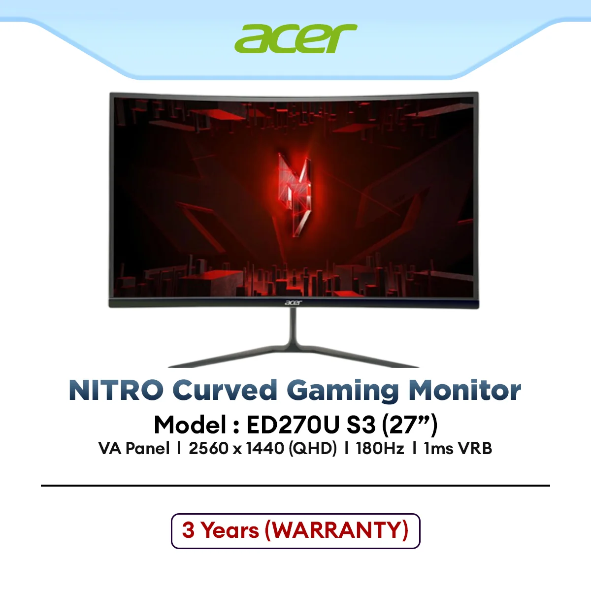 ACER NITRO ED270U S3 QHD / ED270R S3 FHD / 27" Curved Gaming Monitor | VA | 180Hz | AMD FreeSync | 1500R