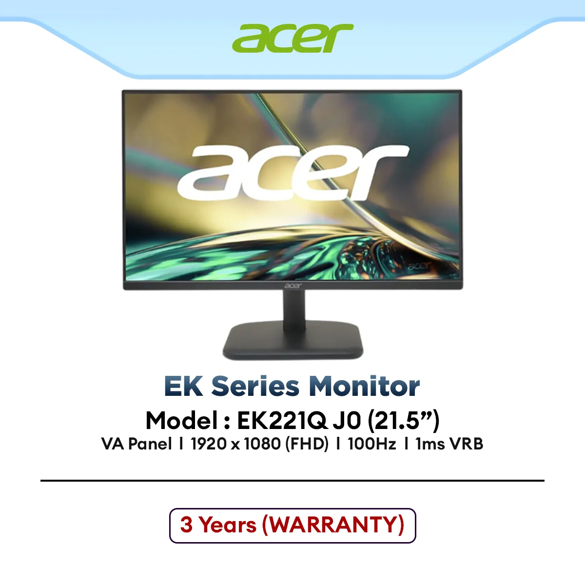 ACER EK221Q J0 21.5" FHD Monitor | VA | 100Hz | AMD FREESYNC | 1ms | 1080p