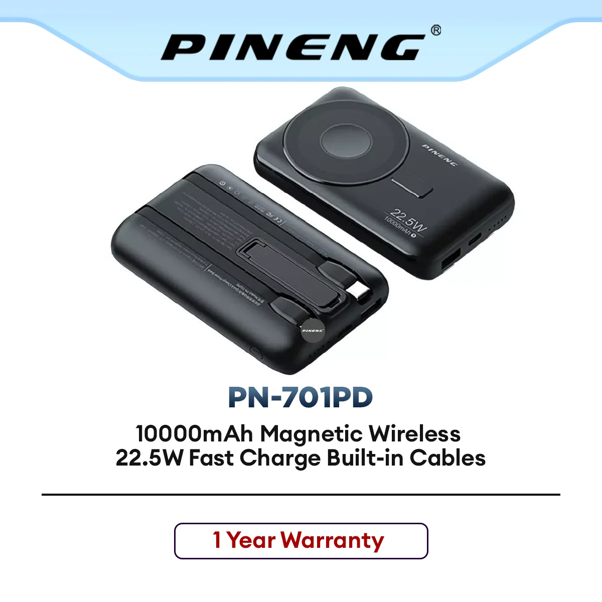 Pineng PN-701PD 10000mAh Magnetic Wireless w/ 22.5W Fast Charge Built-in Cables PN701 Pineng Powerbank
